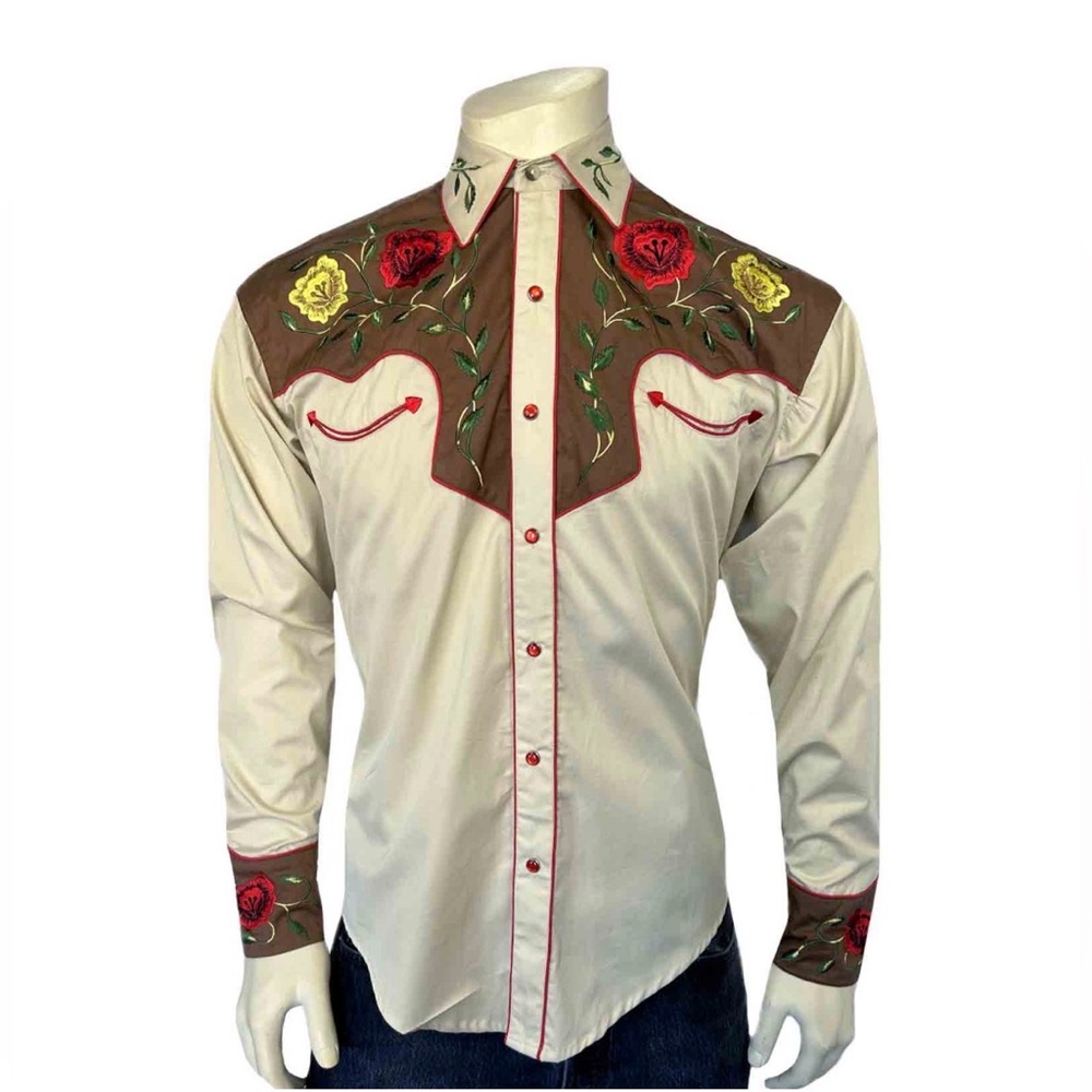 Rockmount Ranch Wear 2-Tone Brown Tan Floral Embroidered Western Shirt‎ Men’s XL